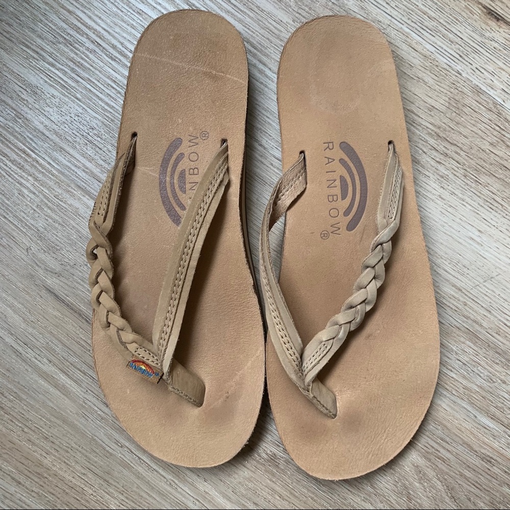 Rainbow leather braided flip flops